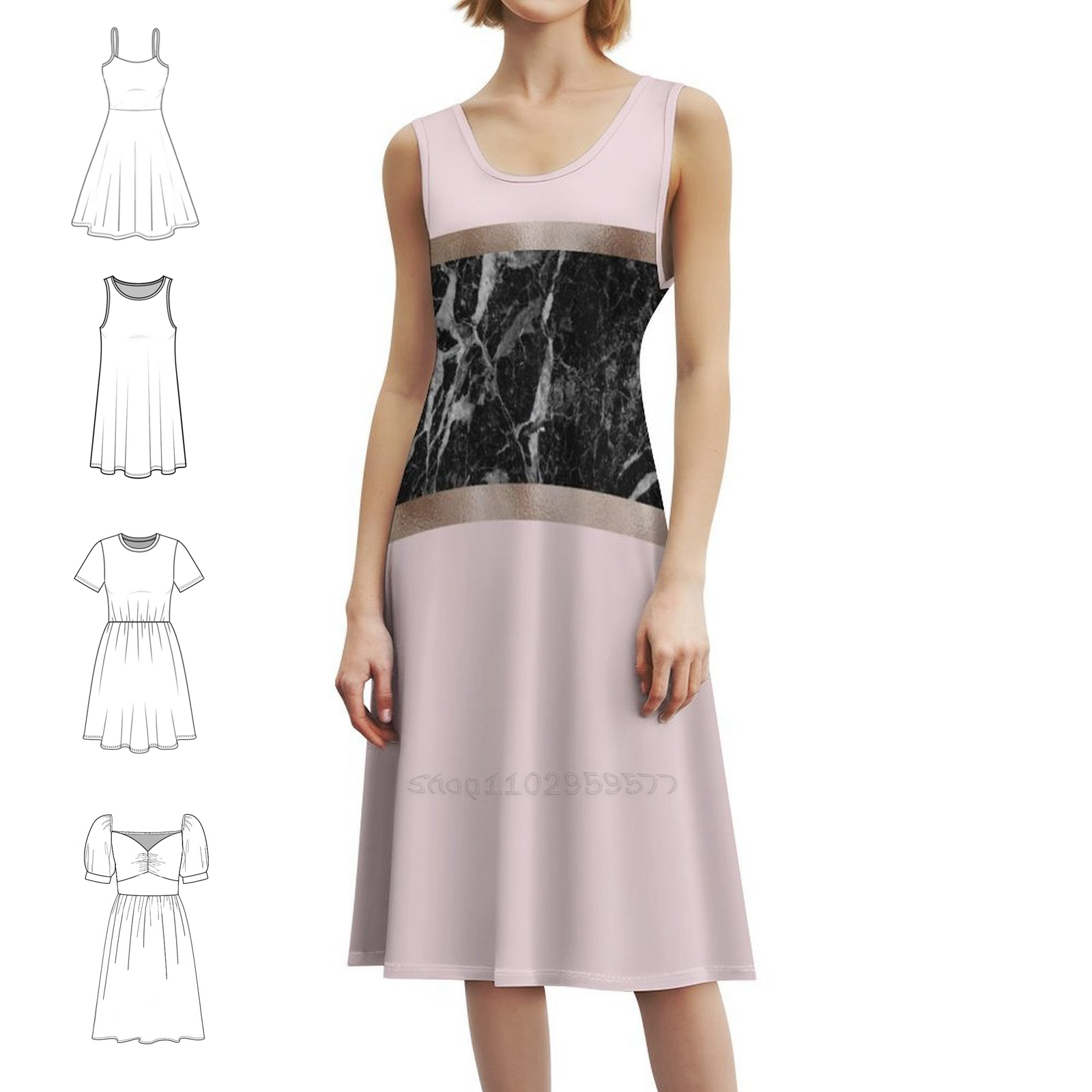 Women Fashion Gown - Strawberries And Cream-Black Marble & Rose