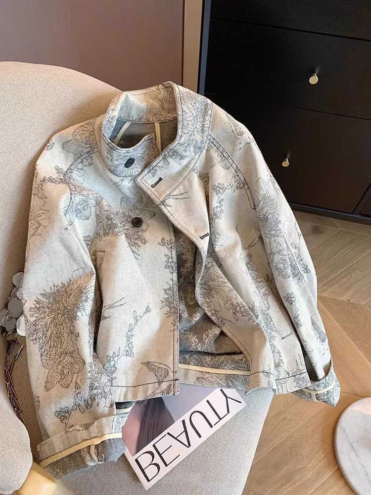 Women Fashion Jeans Top - Women Light Grey Print Denim Jacket