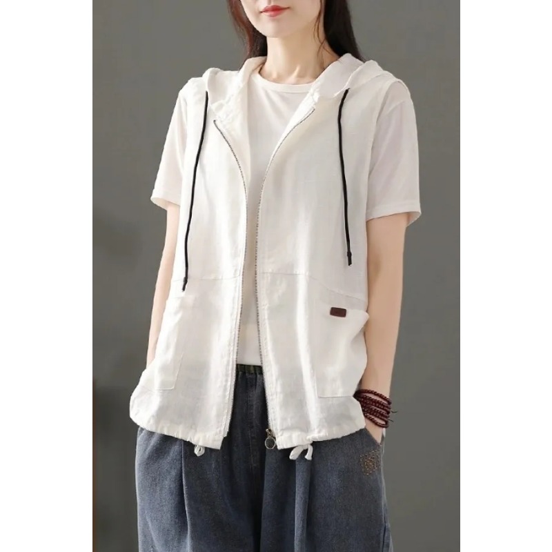 Women'S Fashion Gilet - Womens White Linen Blend Hooded Vest