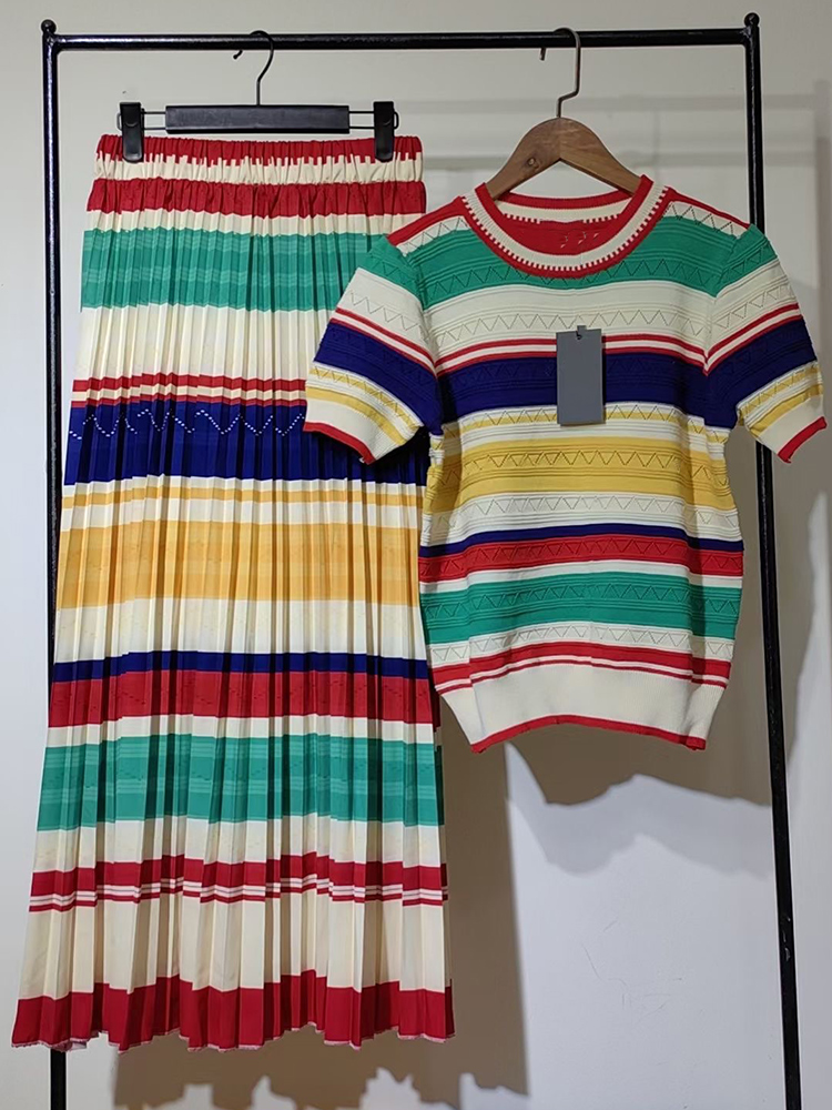 Women Fashion Gown - Retrowomen's spring/summer new two-piece striped knit