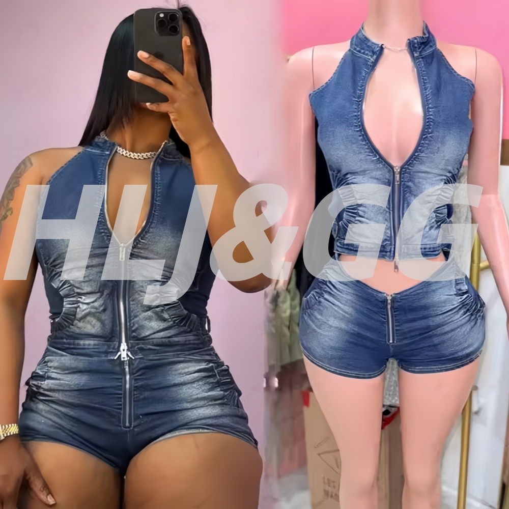 HLJ&GG Blue Fashion Denim Halt - Women Fashion Jeans Top 评论和价格