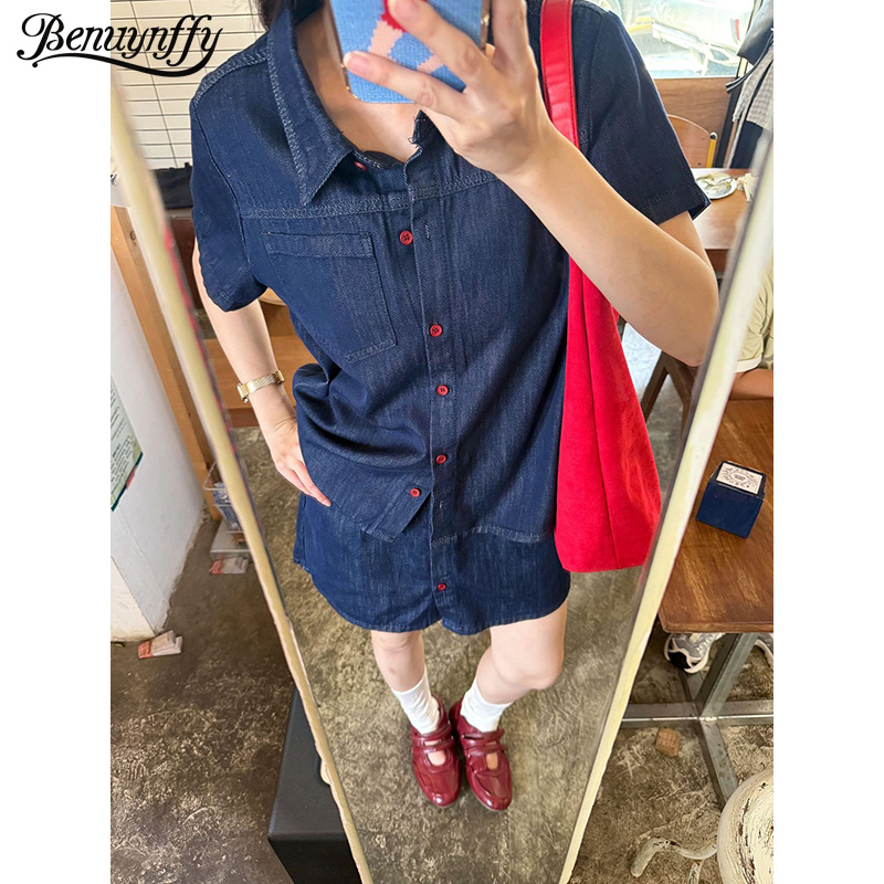 Benuynffy Retro Short Sleeved  - Women Fashion Jeans Top 评论和价格