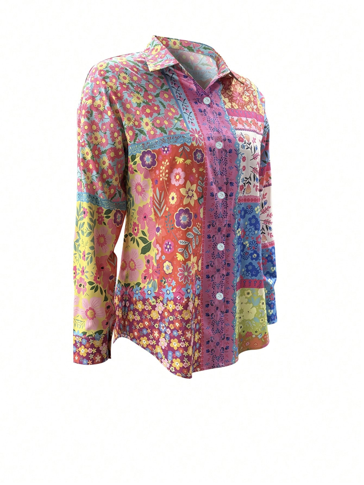 Plus Size Floral Printed Butto - Women'S Fashion Essentials 评论和价格